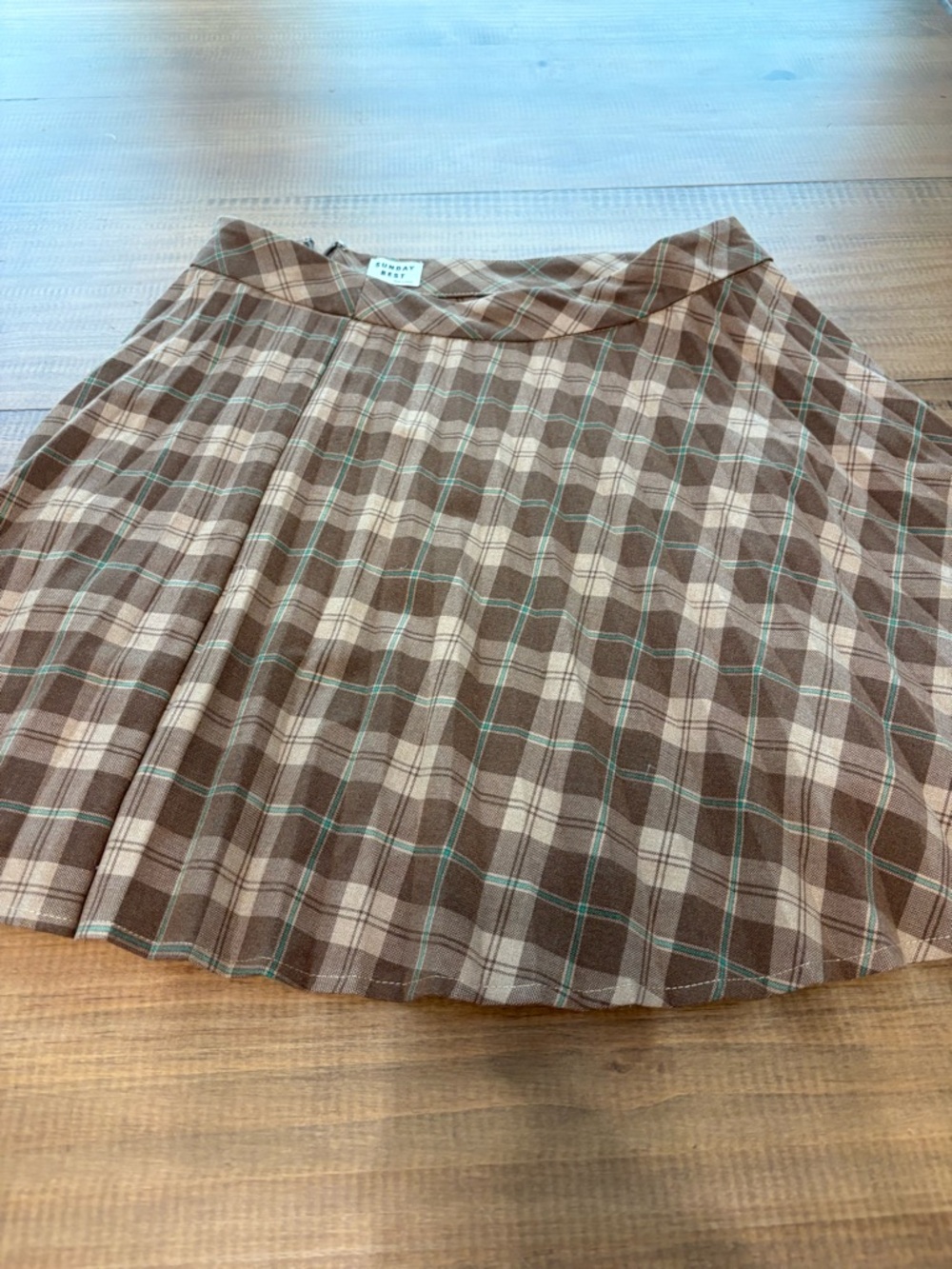 Sunday Best Brown Plaid Pleated Skirt with Teal Accents